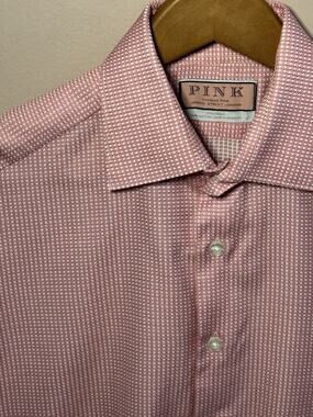 Thomas Pink Shirt Mens M 15.5 Pink Gingham French Cuff Dress Button Up
